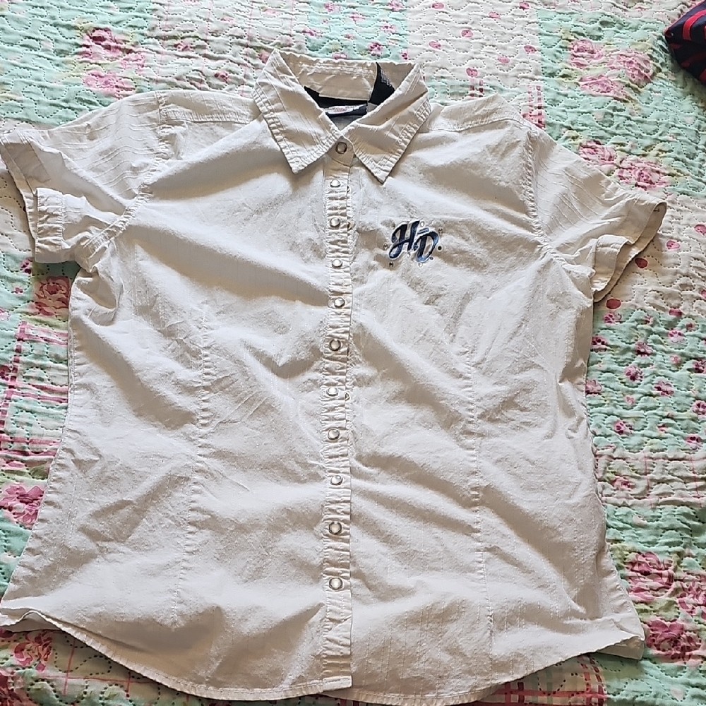 Vintage Harley Davidson Blingy White Embroidered Shirt